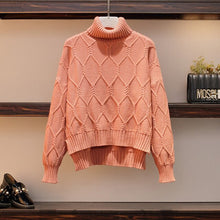 Load image into Gallery viewer, Big Yards Suits Winter Basic Vestido Women High Collar Pullover Sweater Grid Skirt Two Pcs Cloting Set Outfit Knitwear Warm Sets