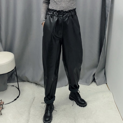 Women Black Pu Leather Pants Autumn 2019 New Fashion Elastic Waist Bottom Modern Lady Loose Pant