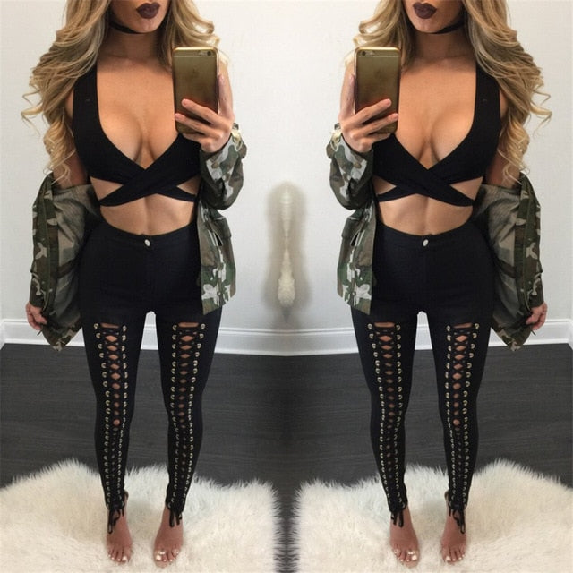 Plus Size Sexy Women Leggings Lacing Up Bottoms Autumn Winter Clubwear Pencil Pants High Waist Stretch Bodycon Bandage Slim 3XL