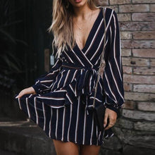 Load image into Gallery viewer, KANCOOLD Dress Women&#39;s Fashion Lantern Sleeve Casual Striped V-Neck Dress Casual Ruffle Mini Party Dress women 2018AUG9