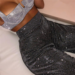 BOOFEENAA Silver Glitter High Waist Wide Leg Pants Women Winter Trousers Sexy Casual Bell Bottom Pants Festival Club Wear C66AB8