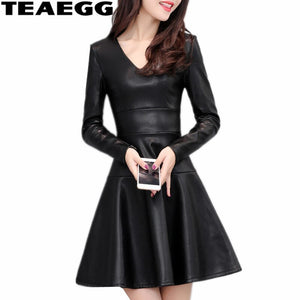 TEAEGG A Line Vestidos Mujer Casual Autumn Winter Dresses Women 2019 Long Sleeve Black PU  Leather Dress Women Cloting AL598