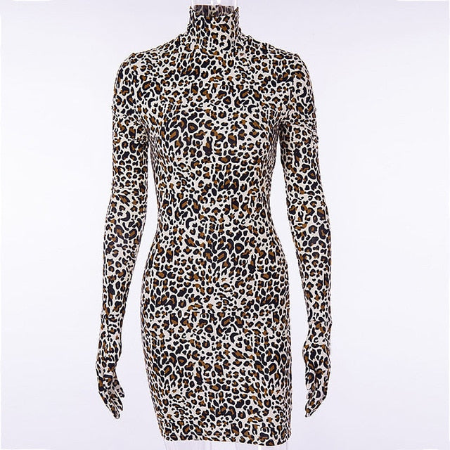 LVINMW Sexy Leopard Print Bodycon Dress Women Cotton Long Sleeve With Gloves Turtleneck Mini Dress New Female Party Club Dresses